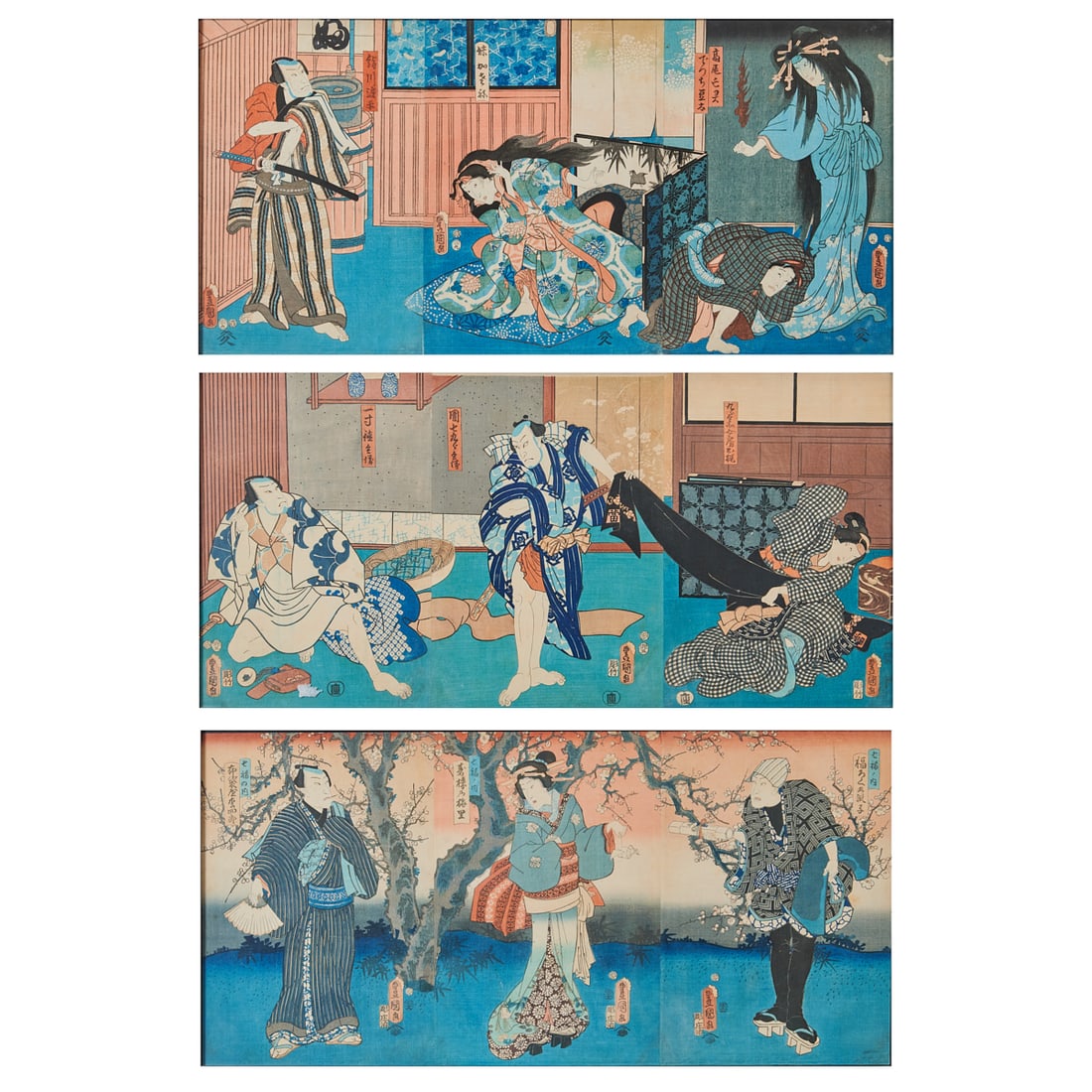 Three Utagawa Kunisada Woodblock Prints Triptych: Three Utagawa Kunisada (1786-1865) Woodblock Triptych, Edo Period, (Fear, Suspense, and Psychological Drama). {Overall Sight Image size: 14 x 29 inches}. {Frame size: 15 3/8 x 30 3/4 inches}.Unlike sc