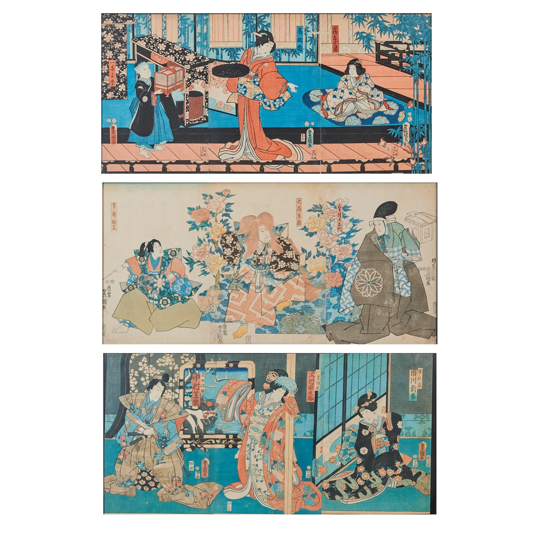 Three Utagawa Kunisada Woodblock Prints Triptych: Three Utagawa Kunisada (1786-1865), Woodblock Triptych, Edo Period (Elegant Interiors and Courtly Life). {Overall Sight Image size: 14 x 29 inches}. {Frame size: 15 3/8 x 30 3/4 inches}.This refined g
