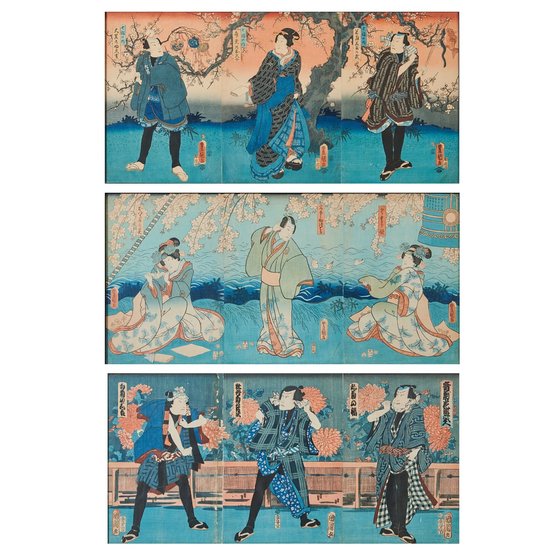 Three Utagawa Kunisada Woodblock Prints Triptych: Three Utagawa Kunisada (1786-1865), Woodblock Triptych, Edo Period (Seasonal Elegance and the Natural World). {Overall Sight Image size: 14 x 29 inches}. {Frame size: 15 3/8 x 30 3/4 inches}. This gra