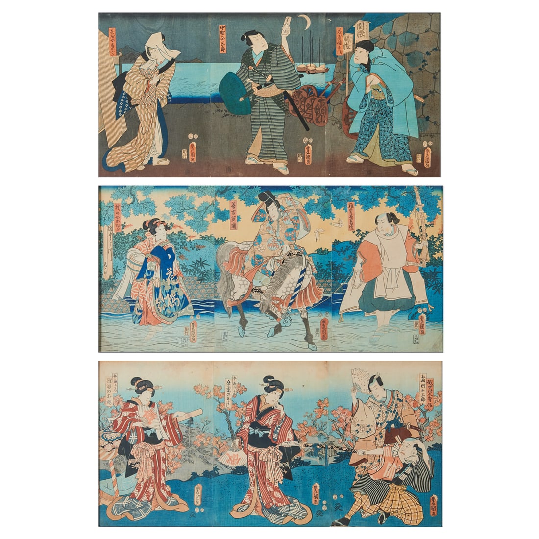 Three Utagawa Kunisada Woodblock Prints Triptych: Three Utagawa Kunisada (1786-1865), Woodblock Triptych, Edo Period, (Travelers, Encounters, and the Open Landscape). {Overall Sight Image size: 14 x 29 inches}. {Frame size: 15 3/8 x 30 3/4 inches}.Th