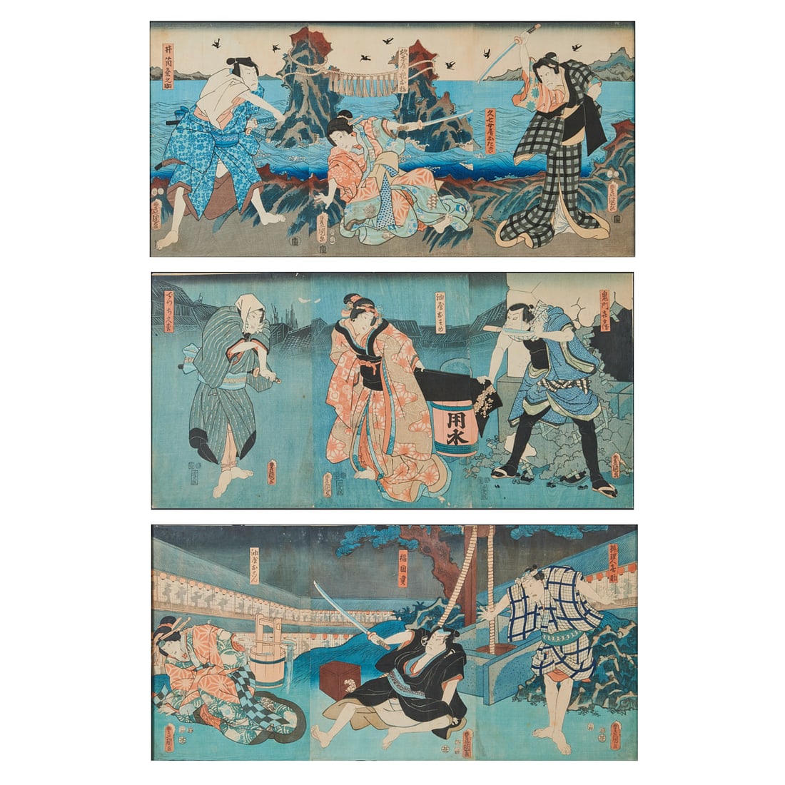 Three Utagawa Kunisada Woodblock Prints Triptych: Three Utagawa Kunisada (1786-1865), Woodblock Triptych, Edo Period, (Dramatic Encounters in Landscapes and Urban Settings). {Overall Sight Image size: 14 x 29 inches}. {Frame size: 15 3/8 x 30 3/4 inc