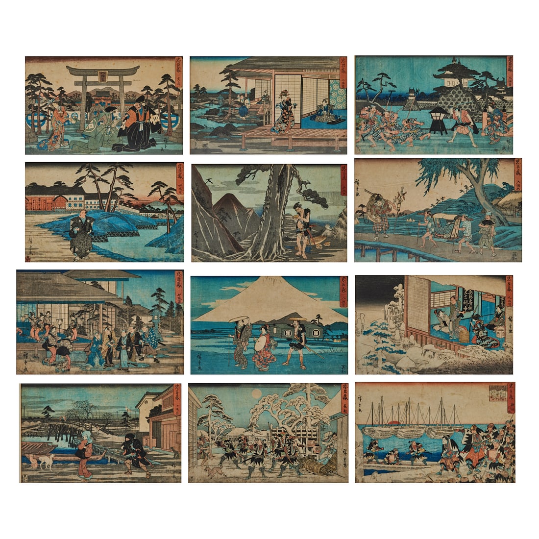 Hiroshige, Complete Set of 12 Ch?shingura Woodblock Prints: A Complete Set of Twelve Woodblock Prints from The Storehouse of Loyal Retainers (Ch?shingura)By Utagawa Hiroshige (1797-1858)Published by Aritaya Seiemon (Arita-ya)1843-1847Complete set of 12 woodblo