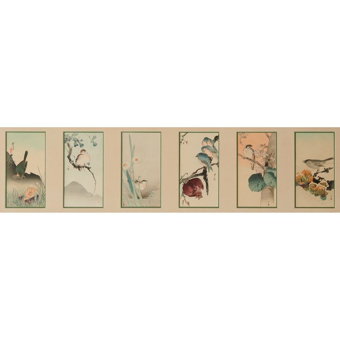 A Panel With Six Japanese Woodblocks: Each woodblock print depicts birds among seasonal flowers, fruiting branches, and foliage, including chrysanthemums, narcissus, pomegranate, and paulownia. Executed in the manner of Japanese kach?-e, 
