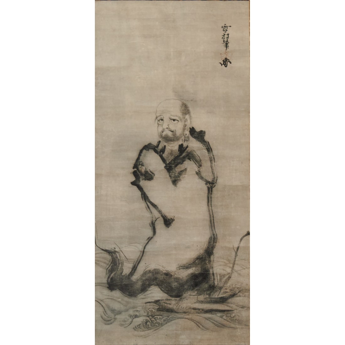 Sesson Shukei (1504-1589), Bodhidharma: Sesson Sh?kei (1504-1589), BodhidharmaThis is a Japanese ink-wash hanging scroll depicting Bodhidharma crossing the waters upon a reed, attributed to Sesson Sh?kei. The legendary patriarch is rendered