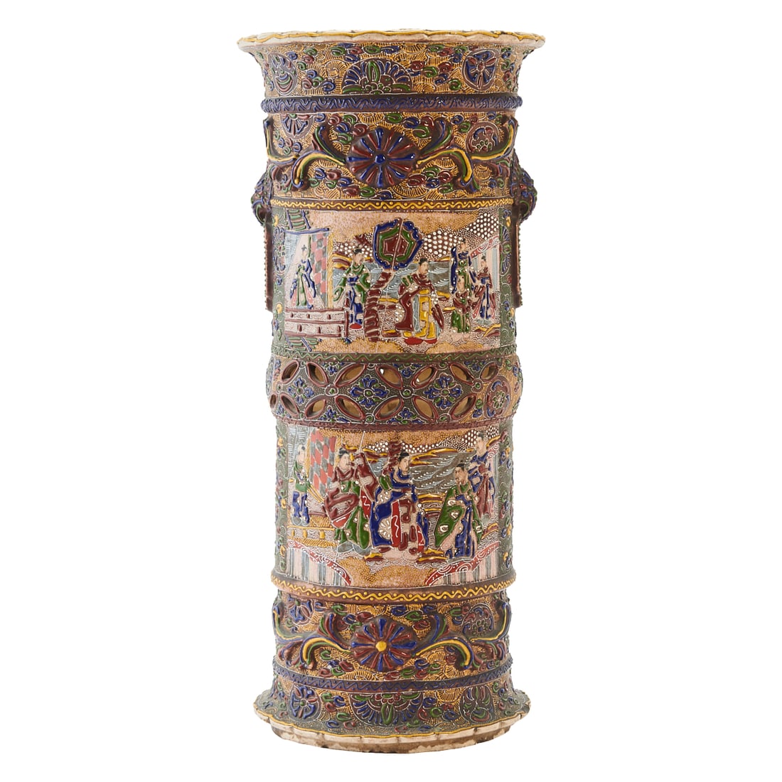 Japanese Satsuma-Style Enameled Umbrella Stand: This is probably a Japanese Satsuma-Style Earthenware Umbrella Stand. Of tall cylindrical form with a scalloped rim, decorated in brightly colored raised enamels with figural scenes, flowers, and