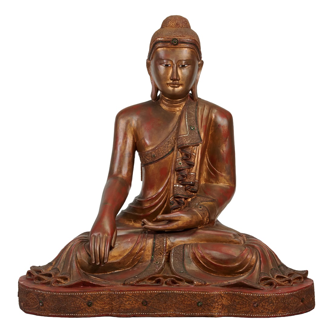 A Monumental Thai Gilt Wood Seated Buddha: The large-scale Thai Buddha depicted seated in dhyanasana, with the right hand lowered in bhumisparsha mudra, the gesture of calling the earth to witness his truth and resist temptation, and the left