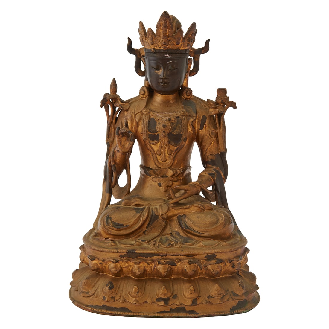 Chinese Bronze Buddhist Sculpture, Probably Late Ming: This is a Chinese bronze Buddhist sculpture, probably late Ming Dynasty. The finely cast and gilt figure depicts a crowned bodhisattva seated in dhyanasana upon a double-lotus pedestal, wearing