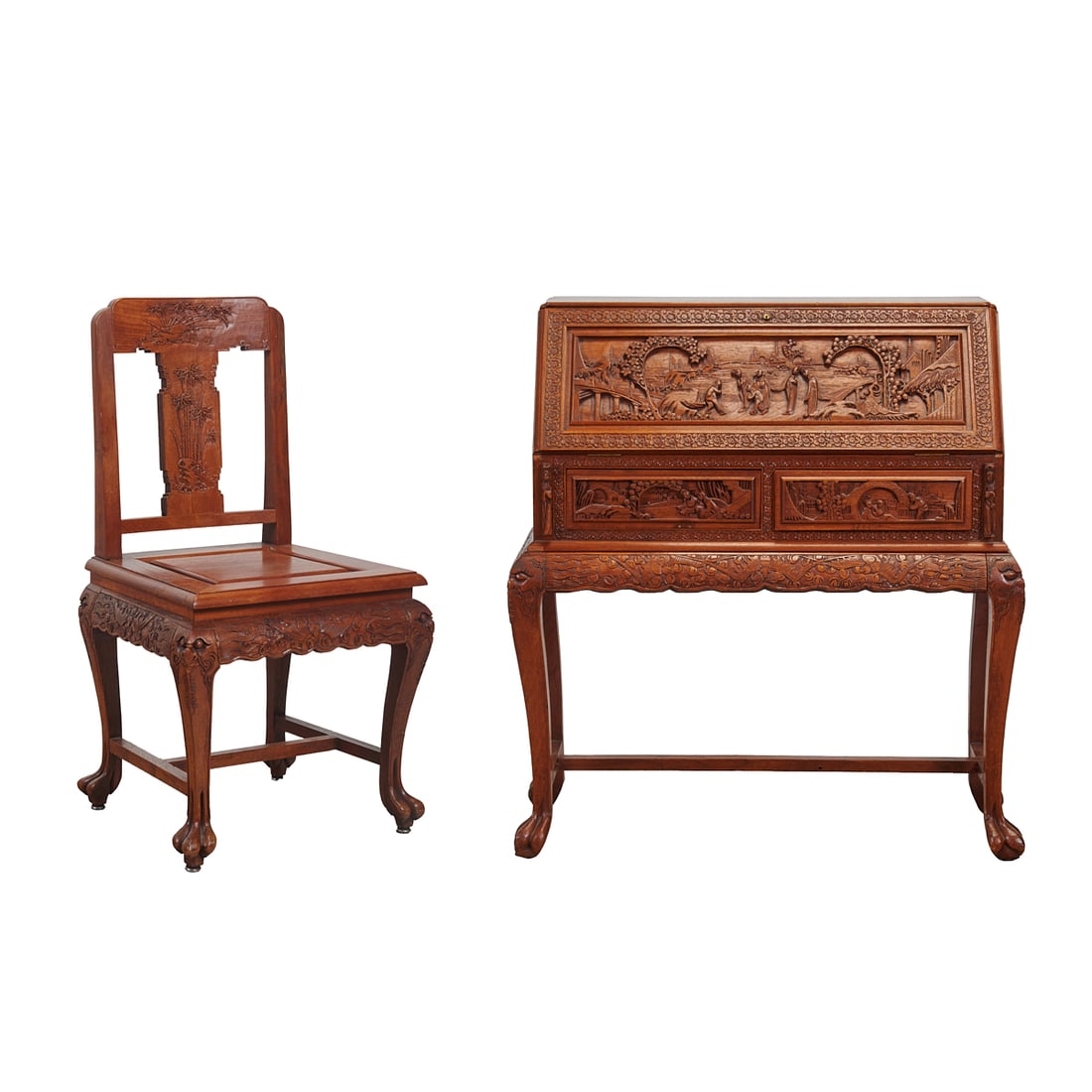 Ornately Carved Chinoiserie Wood Secretary Desk and Chinese Carved Wood Chair: Ornately Carved Chinoiserie Wood Secretary Desk and Chinese Carved Wood Chair. Label on each: George Zee and Co, Art Carved Furniture Manufacturers, No 1 Granville Road (New Rd) Kowloon Hong Kong, Mad