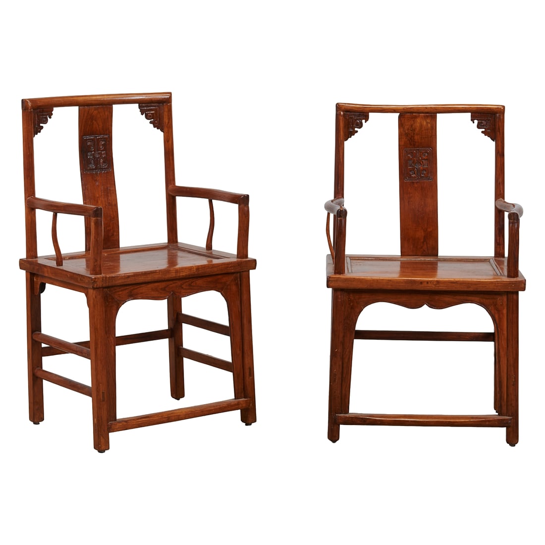 Chinese Late Qing Dynasty Pair of Carved Elmwood Armchairs: Chinese Late Qing Dynasty Pair of Carved Elmwood Armchairs, {Tallest: H 40 5/8 x W 23 x D 18 1/4 inches, Seat Height: 21 inches}. Notes: Chairs are slightly different heights.