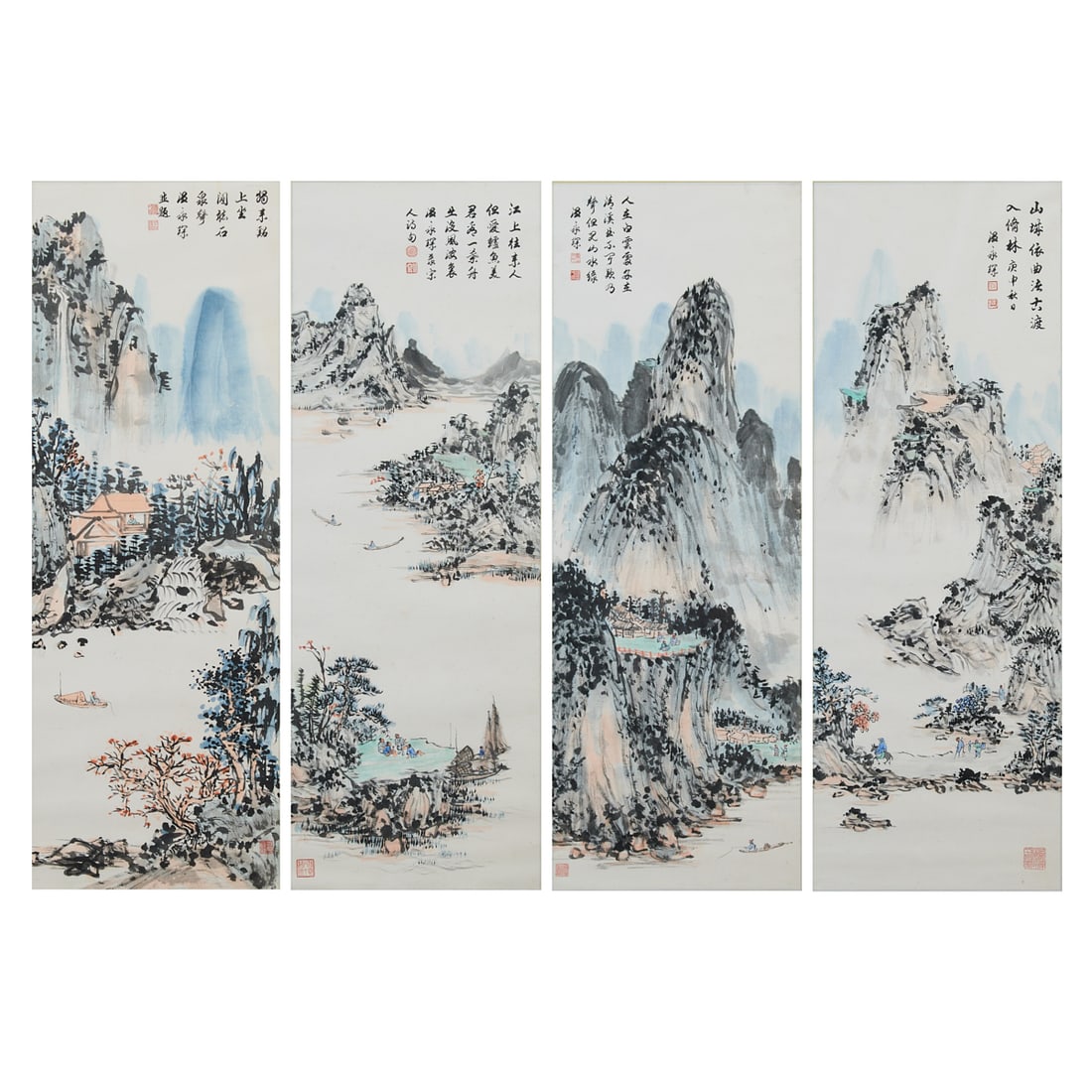 Wen Yongchen (1922-1995), Four Panels of Landscape Paintings: Wen Yongchen (Chinese, 1922-1995), A Set of Four Landscapes, 1980Ink and color on paper, comprising four landscape paintings, each individually framed. Signed and bearing various seals reading "Wen" (
