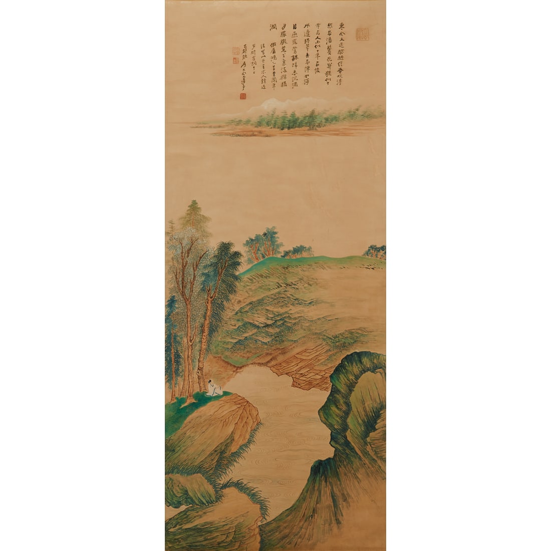 In The Manner of Zhang Daqian, Landscape Painting: In the Manner of Zhang Daqian (Chinese, 1899-1983), Landscape after Lu Hong's "Thatched Cottage," Circa 1930s. Ink and color on paper, rendered in the blue-and-green landscape style, depicting a schol