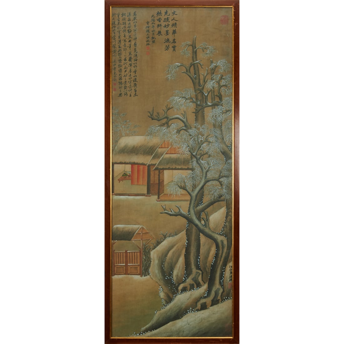 In The Manner of Ma Yuan, Yuan An In The Snow: Late Qing dynasty-Republic periodInk, color, and white pigment on silk, framed.The tall, narrow composition depicts the celebrated Eastern Han scholar-official Yuan An seated alone at a writing table 