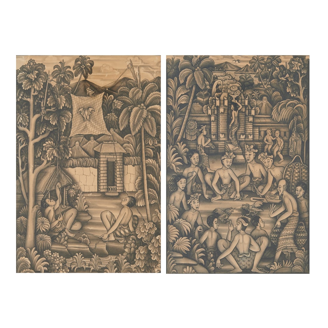 Two Balinese Ink and Wash Drawings: Two Balinese ink and wash drawings of village lifeInk and wash on paper, comprising two densely composed scenes of traditional Balinese village life. The first depicts two men operating ropes and a su
