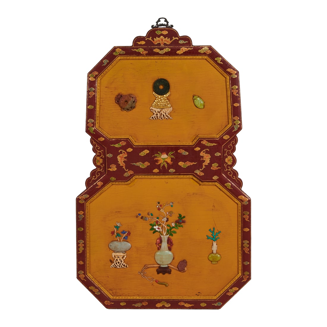 Chinese Jade Inlaid Wall Panel: Chinese Jade Inlaid Wall Panel. Lacquered wall panel of vertical octagonal form, decorated with inset jade and hardstone elements arranged across two main fields. The upper panel is centered with a ci