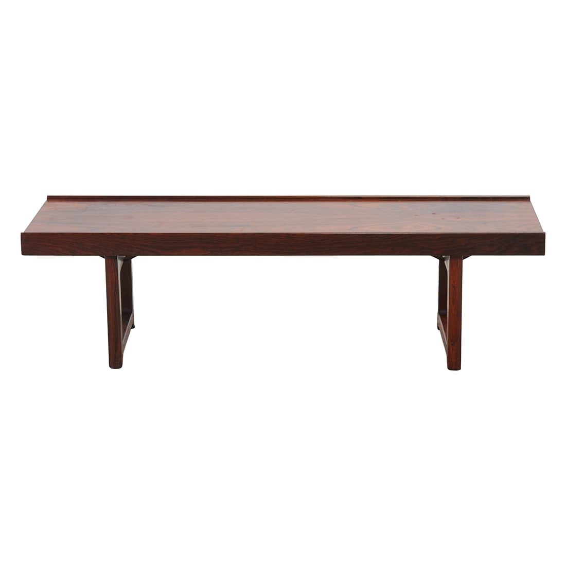 Torbjorn Afdal for Bruksbo Rosewood Krobo Bench Table: Torbjorn Afdal for Bruksbo Rosewood;Krobo Bench Table, top inset to sides, over stretchers, with diagonal additional support to underside toward middle.Stamped marks to underside. Circa 1965 -