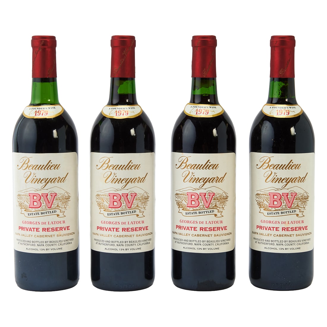 Four Bottles 1979 Beaulieu Vineyard Private Reserve: Four Bottles 1979 Beaulieu Vineyard Private Reserve, Georges De Latour, Napa Valley Cabernet Sauvignon.{Approximate ullage for each bottle: two at about 3/4", one 7/8", one 1".}. {Approximate