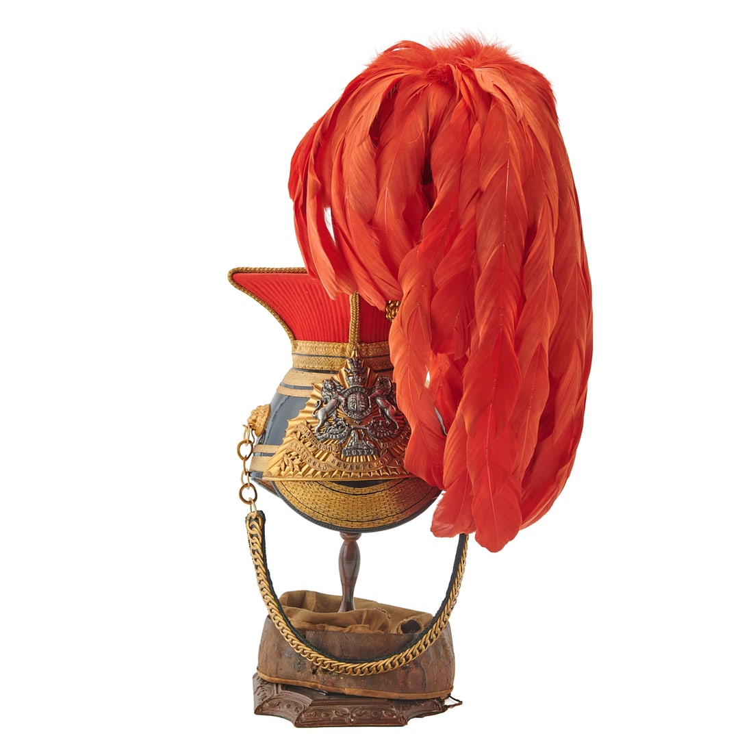 British Twelfth Lancers Officer Chapka with Original Red Feather Plume: British Twelfth Lancers Officer Chapka with Original Red Feather Plume, the mortarboard and four sided top section of scarlet wool, with braided trim where this section of the chapka conjoins