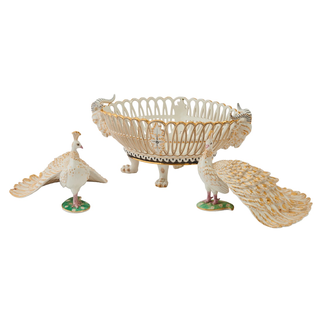 Three Nymphenburg Porcelain Table Articles: Centerpiece and Two Peacocks: Three Nymphenburg Porcelain Table Articles: Centerpiece Basket and Two Peacocks. The basket with two galleries of reticulated ovulus over pointed navette shape, resting on quadripodal legs; decorated