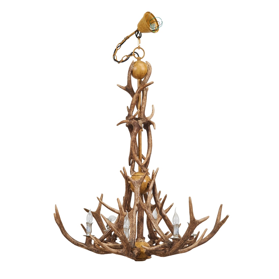 Rustic Six Light Antler Chandelier: Rustic Six Light Antler Chandelier.{Approximate dimensions:; 45 1/2" high with hanging ring;x 36 1/2" wide x 35" deep.}.