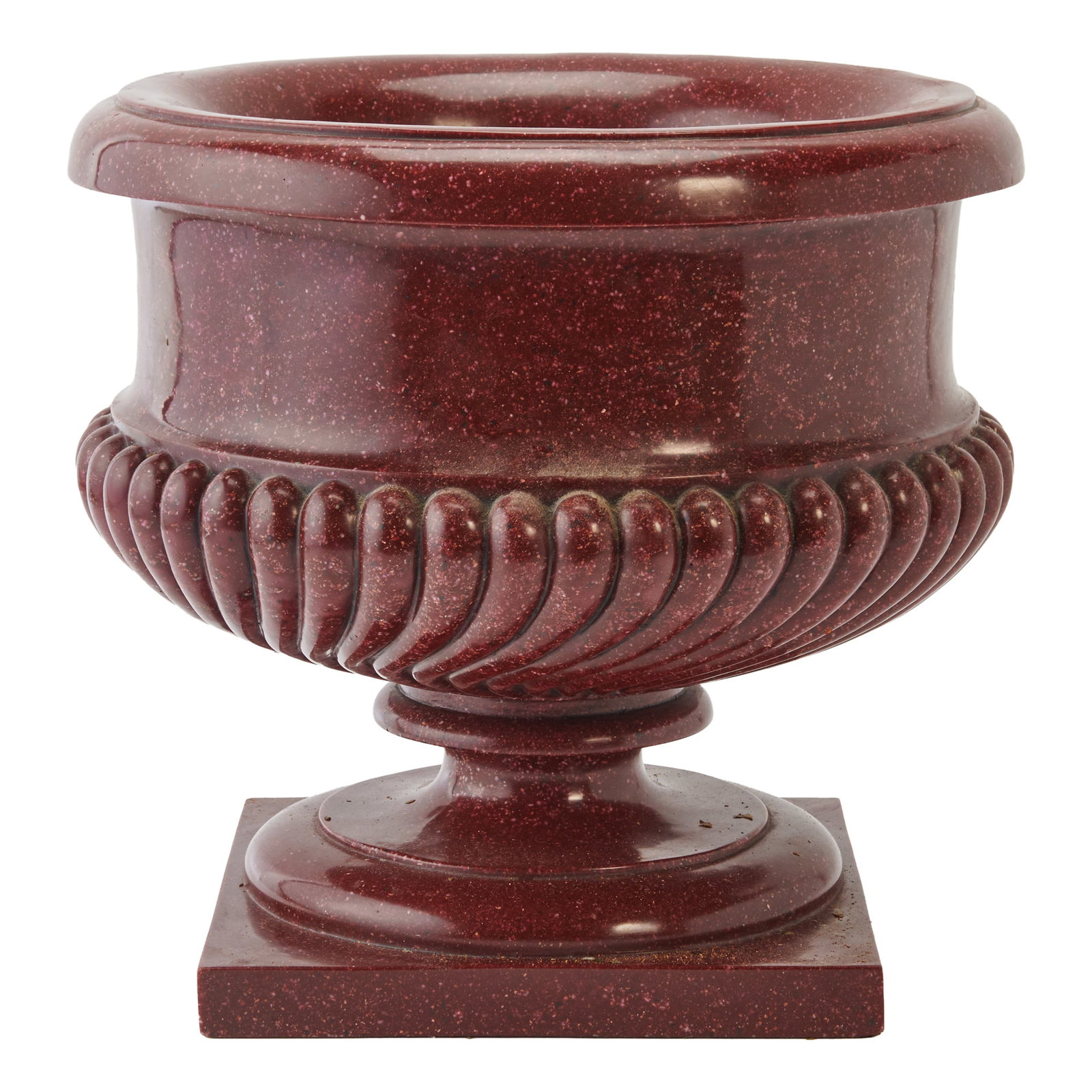 Neoclassical Style Large Faux Porphyry Urn: Neoclassical Style Large Faux Porphyry Urn, the plain, everted rim over straight vertical;handles, above the spiral-carved lower section, supported on short stem over square plinth. Possibly