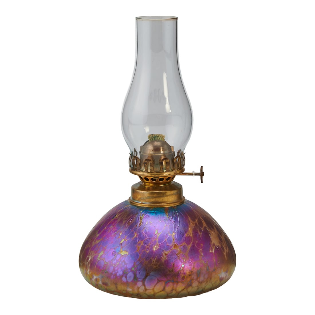 Steven Maslach Oil Lamp: Steven Maslach Oil Lamp. Comprising art glass globular body with iridescent purple and;gold oil spot finish with glimpses of blue and green near neck, metal burner, and removable clear glass