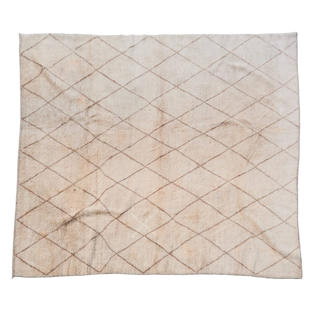 Contemporary Moroccan Woven Wool Carpet: Contemporary Moroccan Woven Wool Carpet, brown-black diamonds on the off white field.{Approximate dimensions:; 132" x 119").