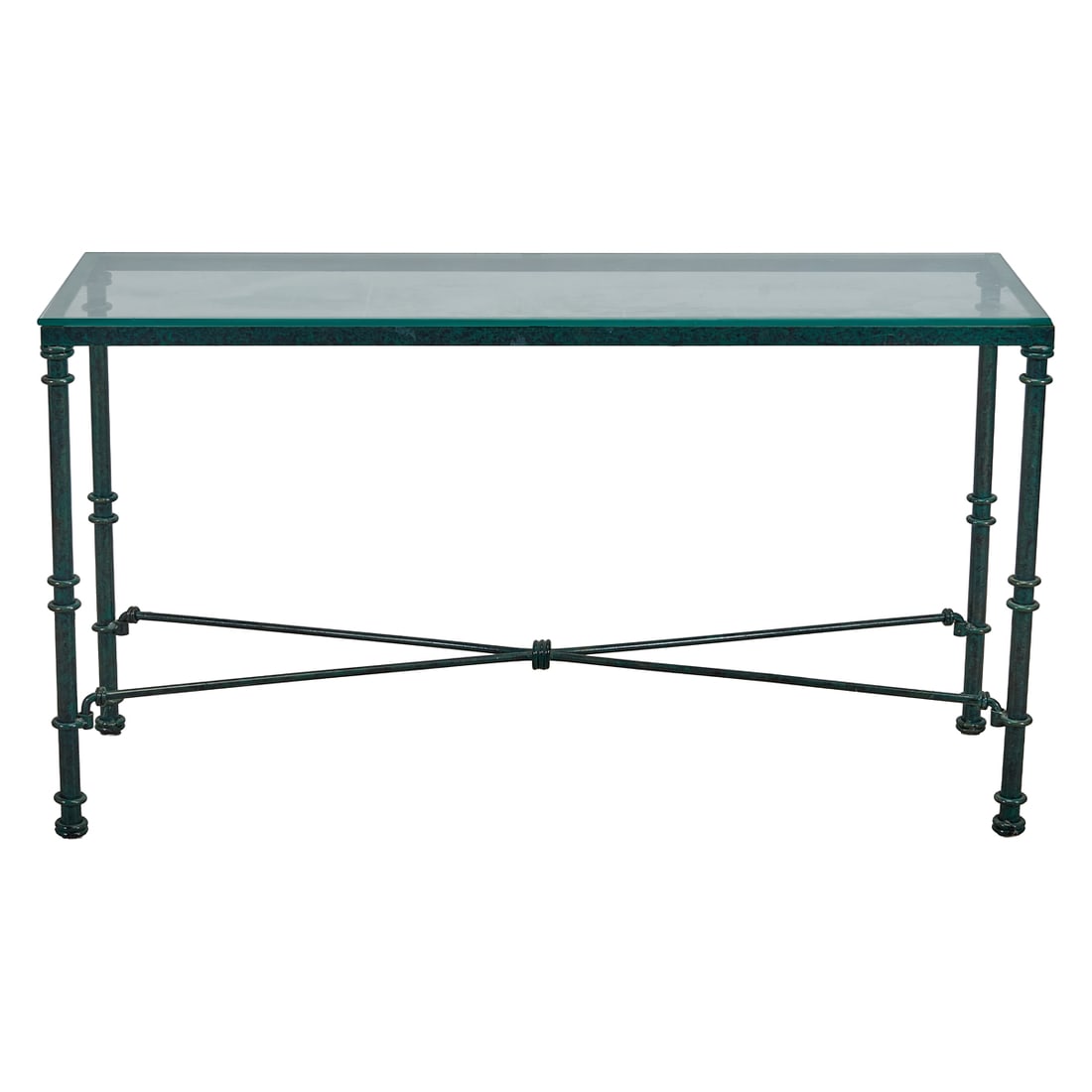 Contemporary Painted Iron and Glass Top Console Table: Contemporary Painted Iron and Glass Top Console Table.{Approximate dimensions: 27 1/2" high x 50" wide x 17 1/4" deep.}.