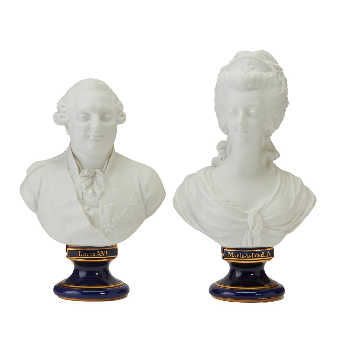Pair of Sevres Style Porcelain Portrait Busts of Louis XVI and Marie Antoinette: Pair of Sevres Style Porcelain Portrait Busts of Louis XVI and Marie Antoinette, after modeles by Louis-Simon Boizott (French, 1743 - 1809). The biscuit porcelain busts atop blue-glazed circular, wais