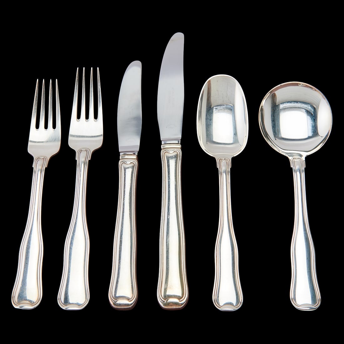 Georg Jensen Sterling Silver Flatware Service for Twelve: Georg Jensen Sterling Silver Flatware Service for Twelve, "Old Danish" pattern, comprising twelve each: dinner knives, 8 3/4" L., luncheon knives, 7 5/8" L.,;dinner forks, luncheon or dessert forks,