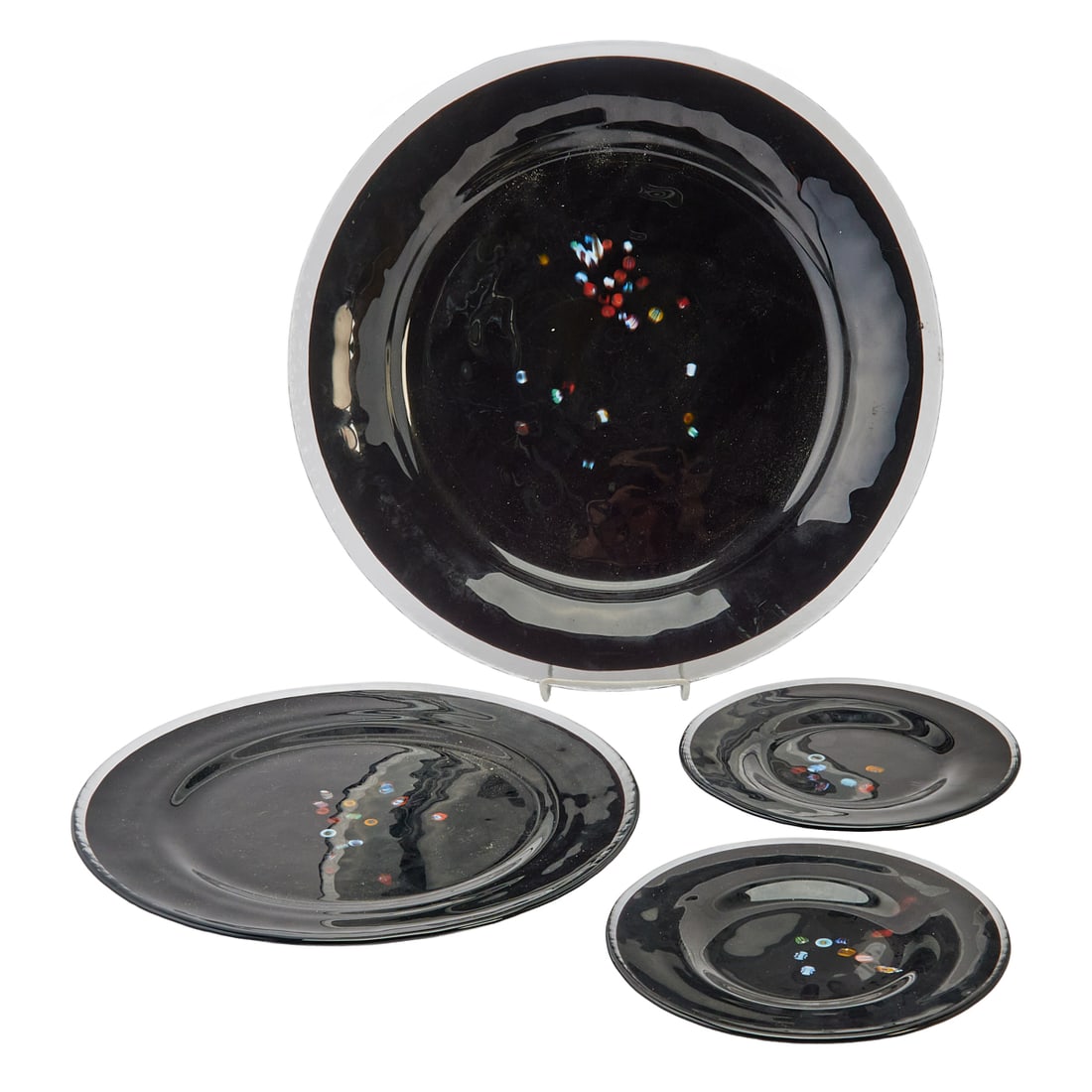 Glass Dinner Set, Chargers and Dessert Plates with Colored Glass Beads: Glass Dinner Set, Chargers and Dessert Plates with Colored Glass Beads.; Comprising black glass charger, serving platter, and ten plates, with random pattern of varicolored beads resembling