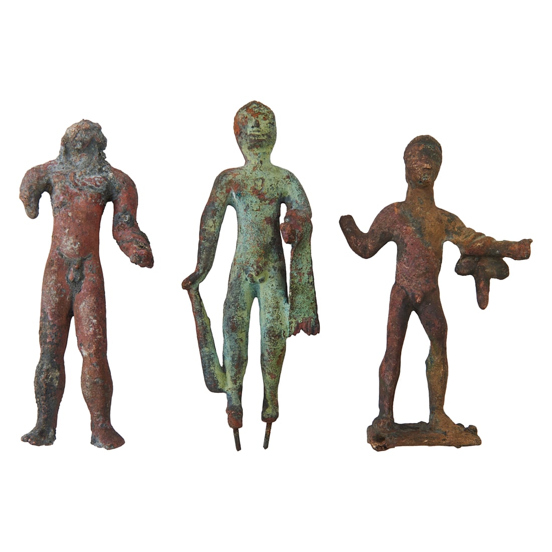 Three Ancient Greek Bronze Hercules Figures: Three Ancient Greek Bronze Hercules Figures, including one with leonte and club, and one with shield. One figure in warlike stance and another in "Weary Hercules" pose.;{Approximate dimensions:; 4