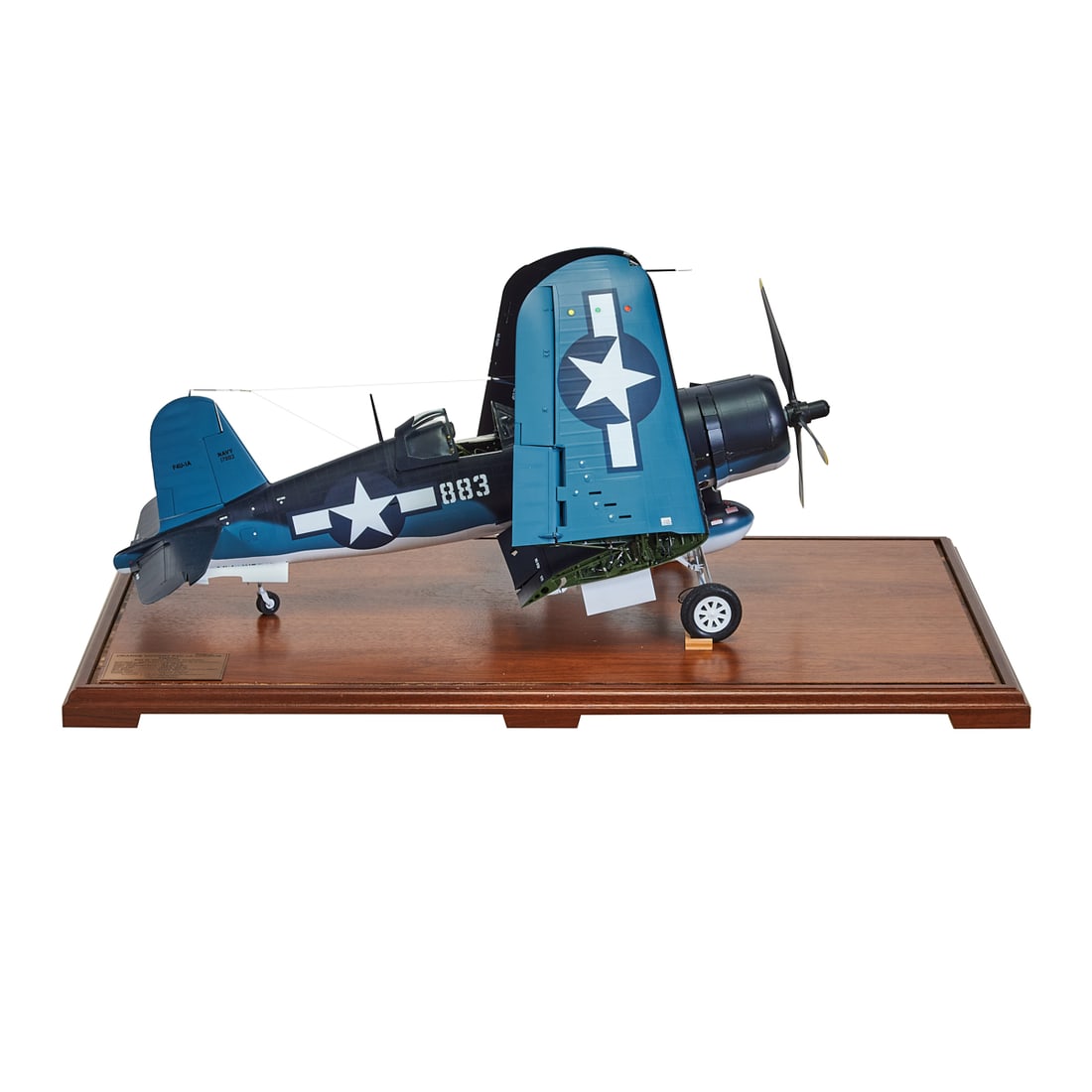 Model of a Navy F4U-A1 Corsair Aircraft: Model of a Navy F4U-A1 Corsair Aircraft, by Fine Arts Models of Michigan, brass plaque to one side of base, noting that the Chance Vought F4U-iA corsair of 1943 is built as an exact scale model.