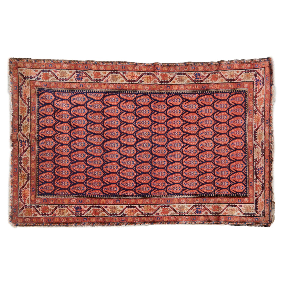 Persian Malayer Rug: Persian Malayer Rug, woven in wool and cotton, the blue field, wove with red boteh, each with many color seeds to interiors, the off white primary border, bracketed by red guard band borders, woven