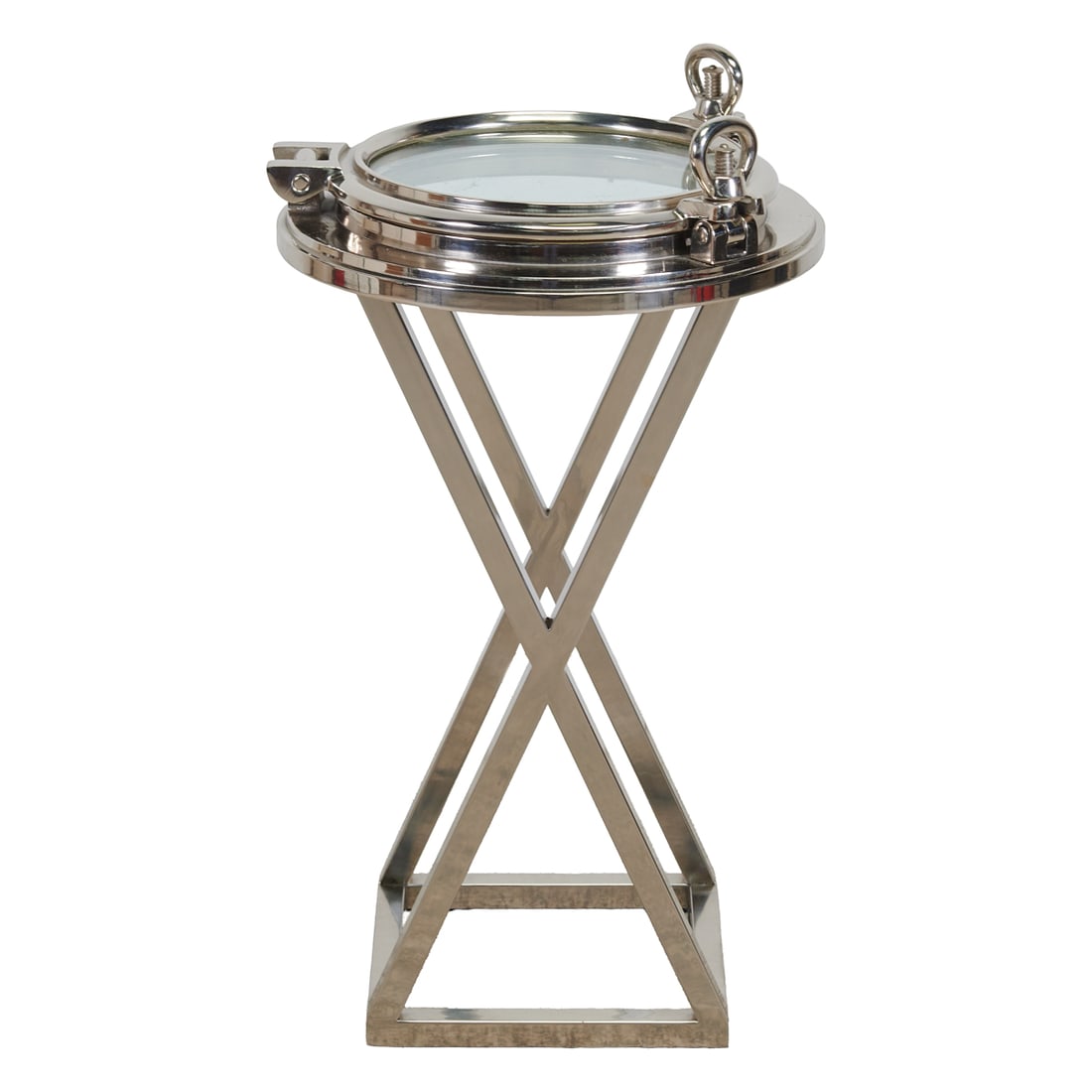 Art Deco Style Chrome Porthole Aviator Occasional Table: Art Deco Style Chrome Porthole Aviator Occasional Table, attributed to Eicholtz Furniture.;{Approximate dimensions:; 31 1/4" high x 17;3/4" diameter.}.;