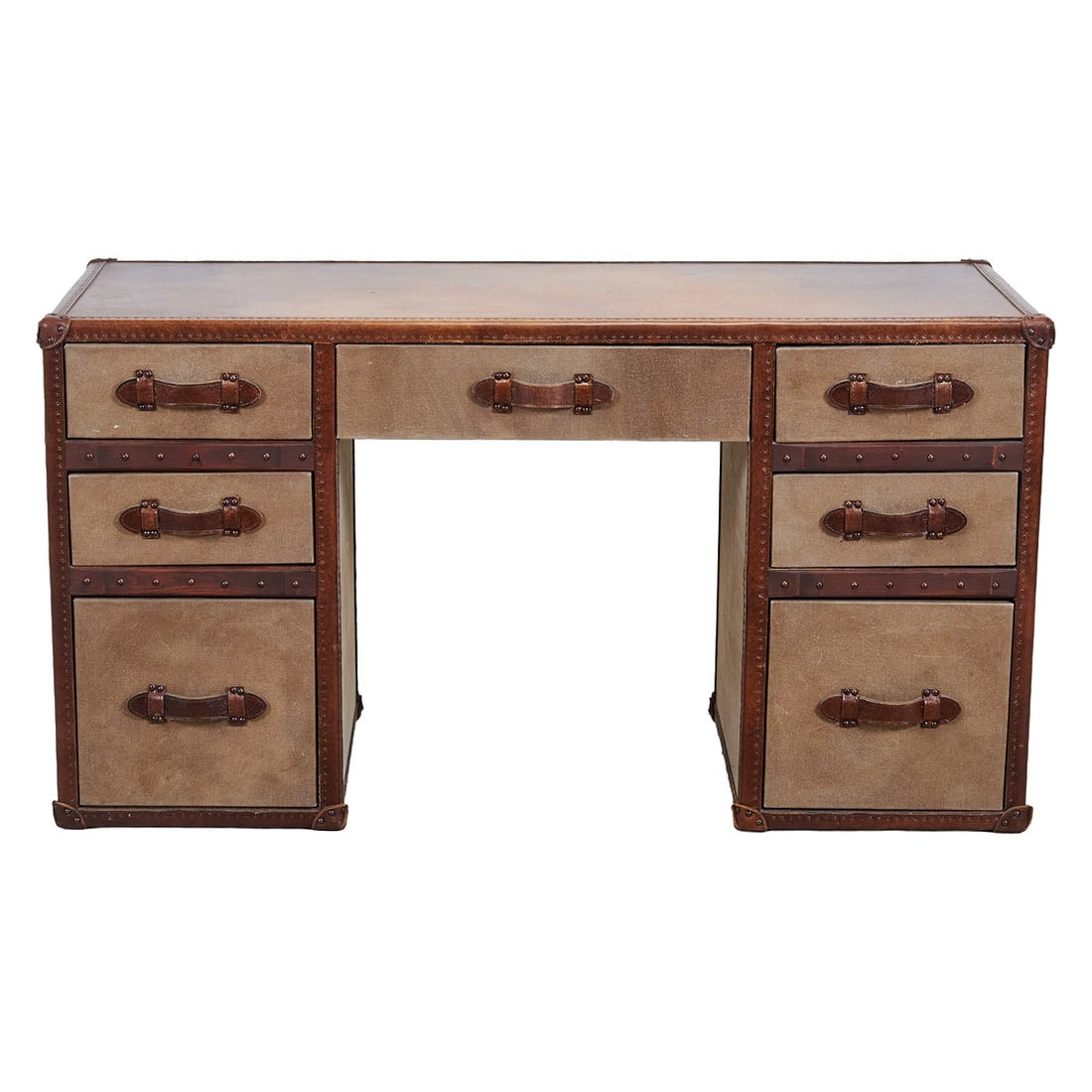 Restoration Hardware Leather Trim Steamer Trunk Storage Desk: Restoration Hardware Leather Trim Steamer Trunk Storage Desk. Frame designed as typical desk with kneehole, framed by stacks of drawers, left and right. The frame wrapped in leather, and with bossed