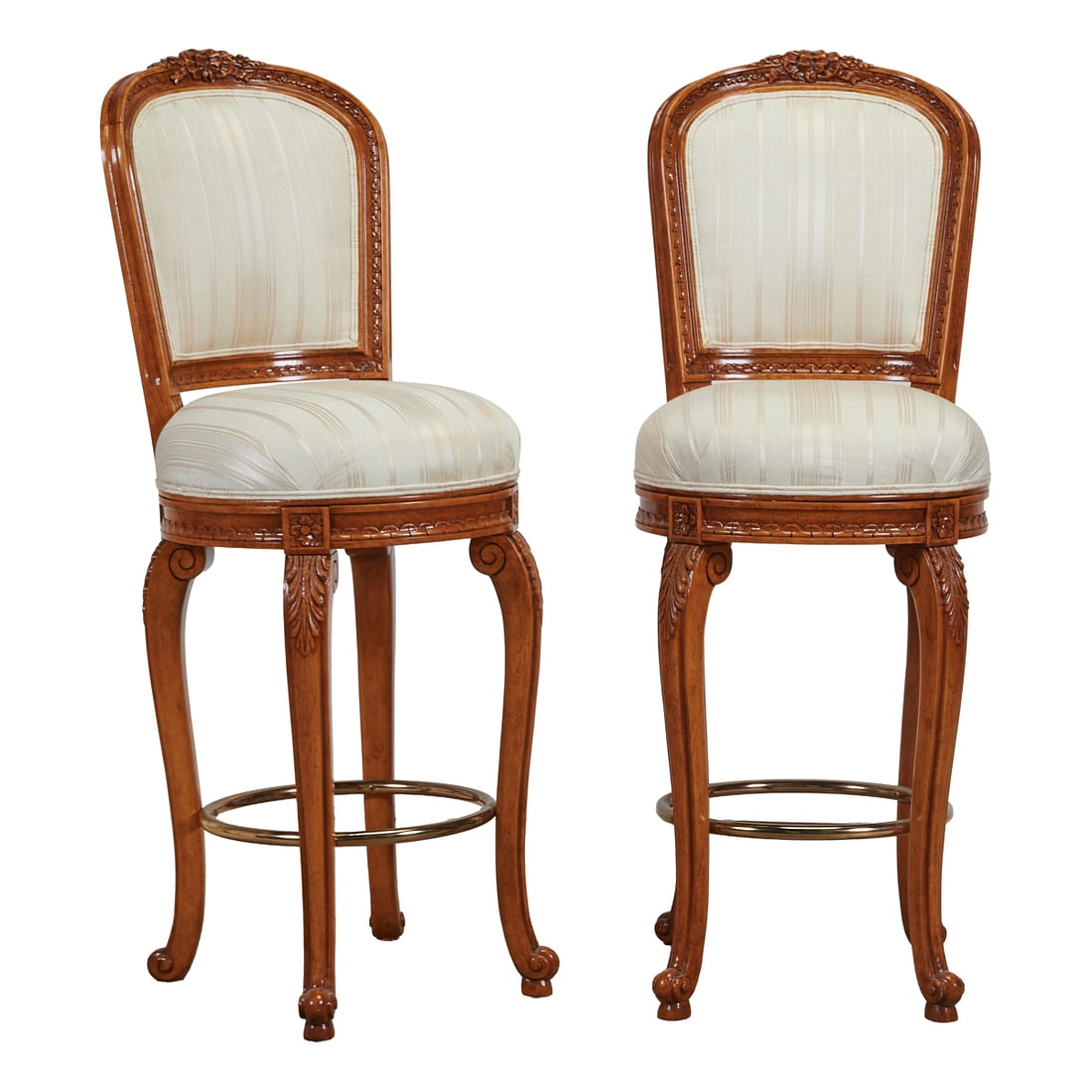 Six Neoclassical Style Walnut and Brass Bar Stools: Six Neoclassical Style Walnut and Brass Bar Stools, rounded backs and round seats, over legs with brass rings toward feet, attributed to Marge Carson.;Upholstered in white strie rayon. Late 20th