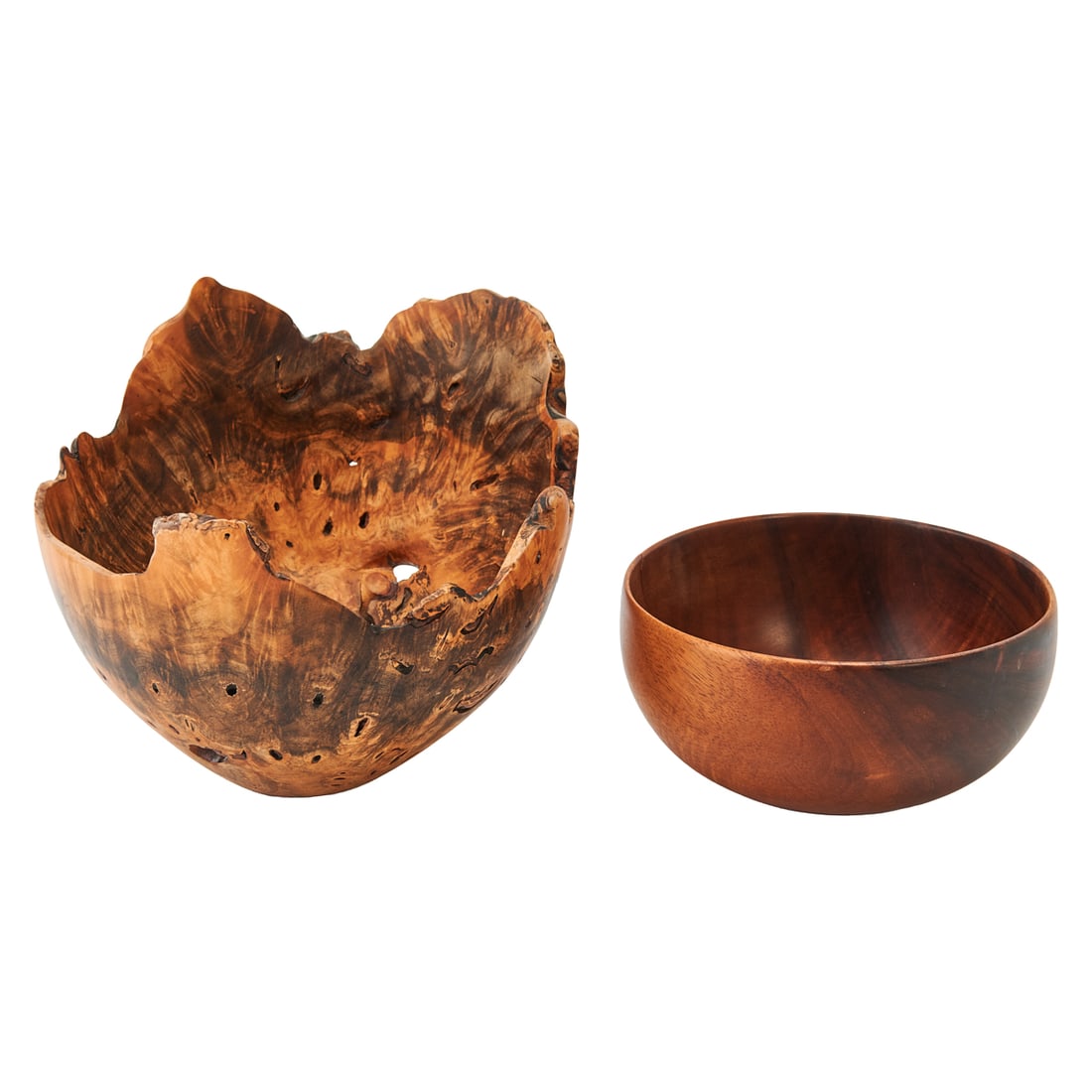 Two Derek Bencomo Turned and Live Edge Bowls: Two Derek Bencomo Turned and Live Edge Bowls, the turned example of curly koa wood, and inscribed with Dremel tool with artists name, wood type to underside. The hand turned;and live edge example