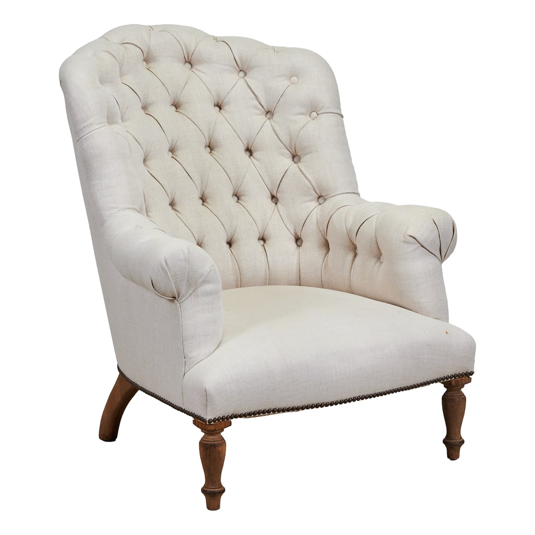 Victorian Style Round Back Lounge Chair: Victorian Style Round Back Lounge Chair, with button tufted white Belgian linen upholstery.;{Approximate dimensions:; 39" high x 33" wide x 38 3/4" deep.}.;