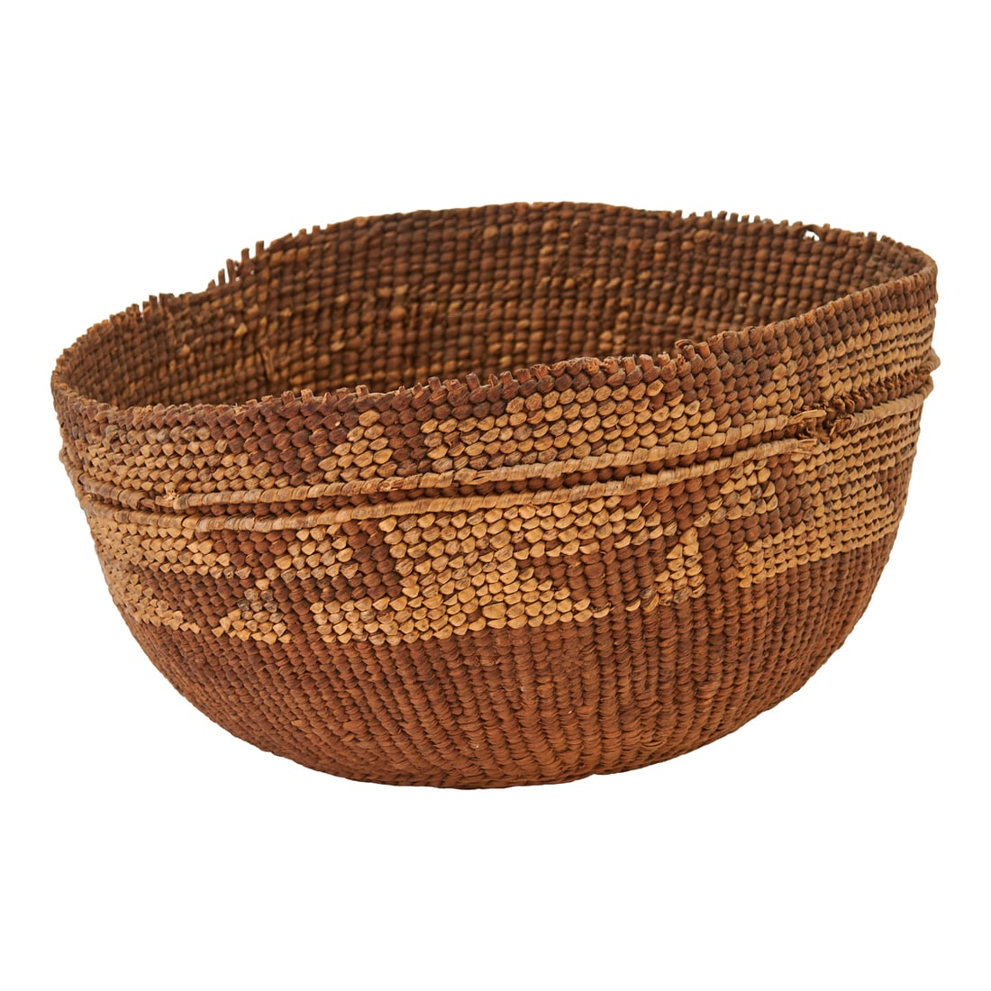Hupa Yorok Karuk Woven Basket Hat: Hupa Yorok Karuk Woven Basket Hat, the two tone imbricated;geometric and banded design worked with twine. {Approximate dimensions:; 4 1/2" high x 8" wide x 7 1/4" deep.}.