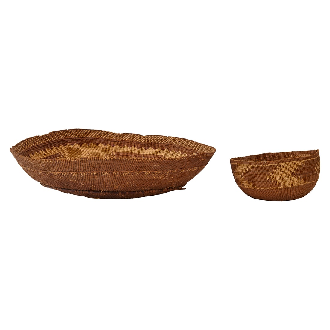 Two Pima Akimel Oodham Woven and Coiled Baskets: Two Pima Akimel O'odham Woven and Coiled Baskets, comprising a winnowing;basket, and a bowl shaped hat basket, both with stepped patterns in two contrasting shades of brown, the open basket with a