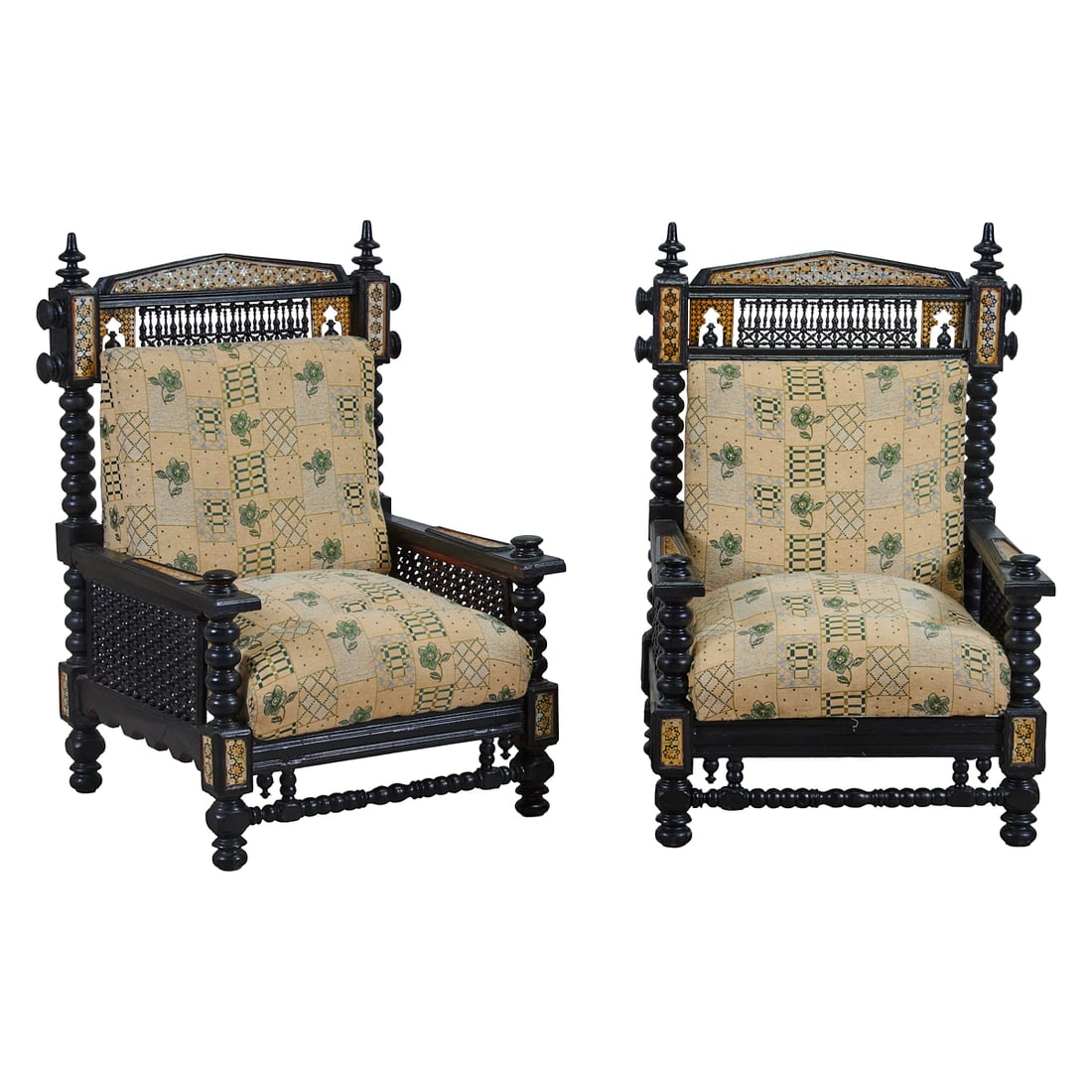 Pair of Moorish Style Ebonized and Inlaid Armchairs: Pair of Moorish Style Ebonized and Inlaid Armchairs. {Approximate dimensions: 44 1/2" H. x 28 7/8" W. x 28 1/4" D.}.