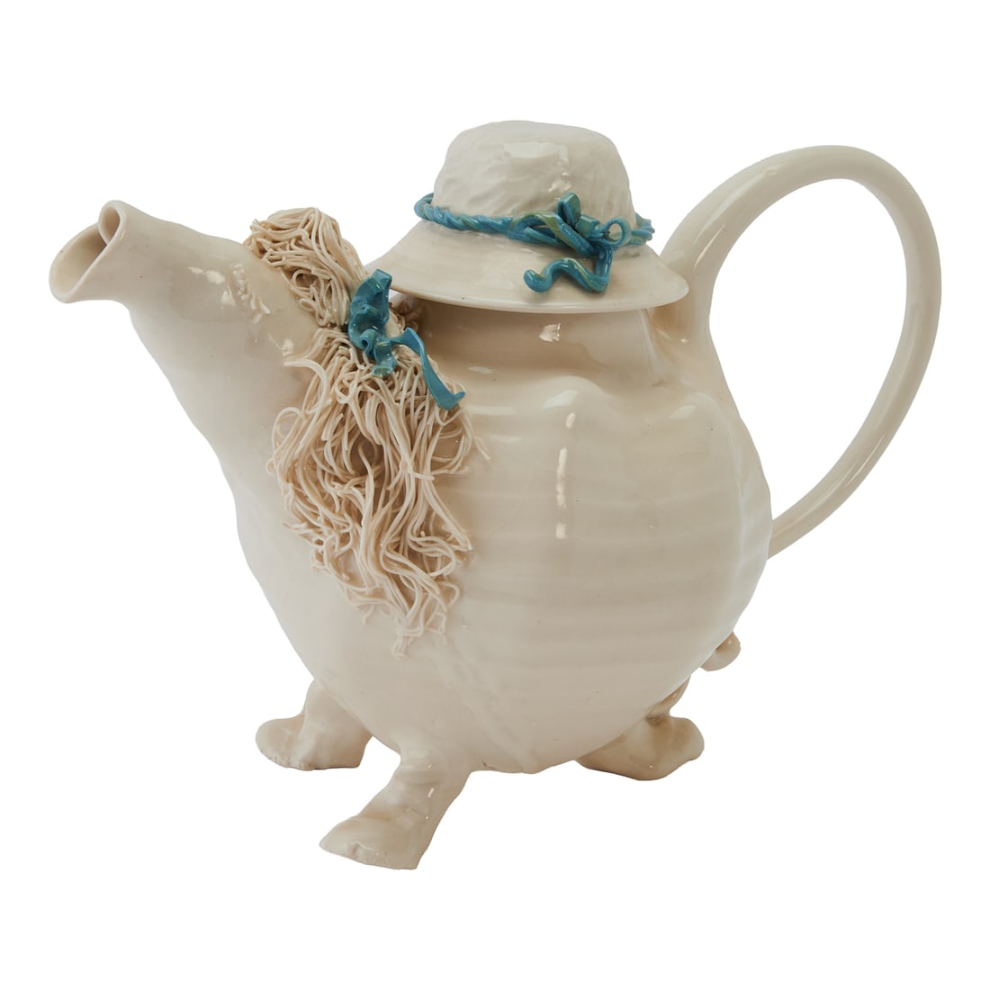Coille McLaughlin Hooven Glazed Pottery Teapot: Coille McLaughlin Hooven Glazed Pottery Teapot, the globular body over four feet, with hat form cover, the white body, the spout encrusted with cluster of slender tubes, held by blue ribbon; the hat