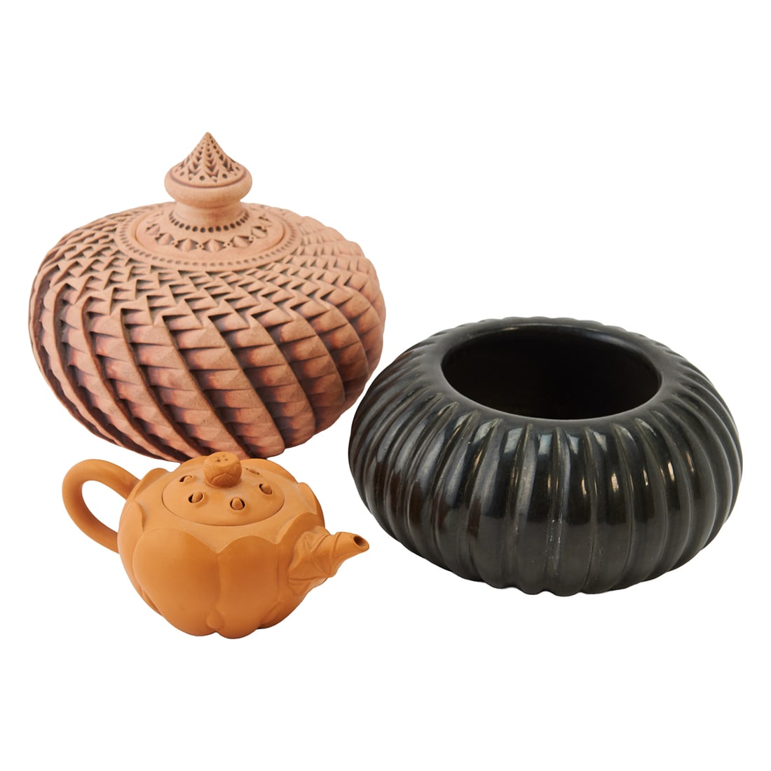 Three Modern Pottery Vessels: Three Modern Pottery Vessels, comprising a carved stoneware pinecone type vessel with reversible rattle in flat cover, by Kenneth Standhart, a Chinese Yixing, and a Santa Clara Blackware Bowl, signed
