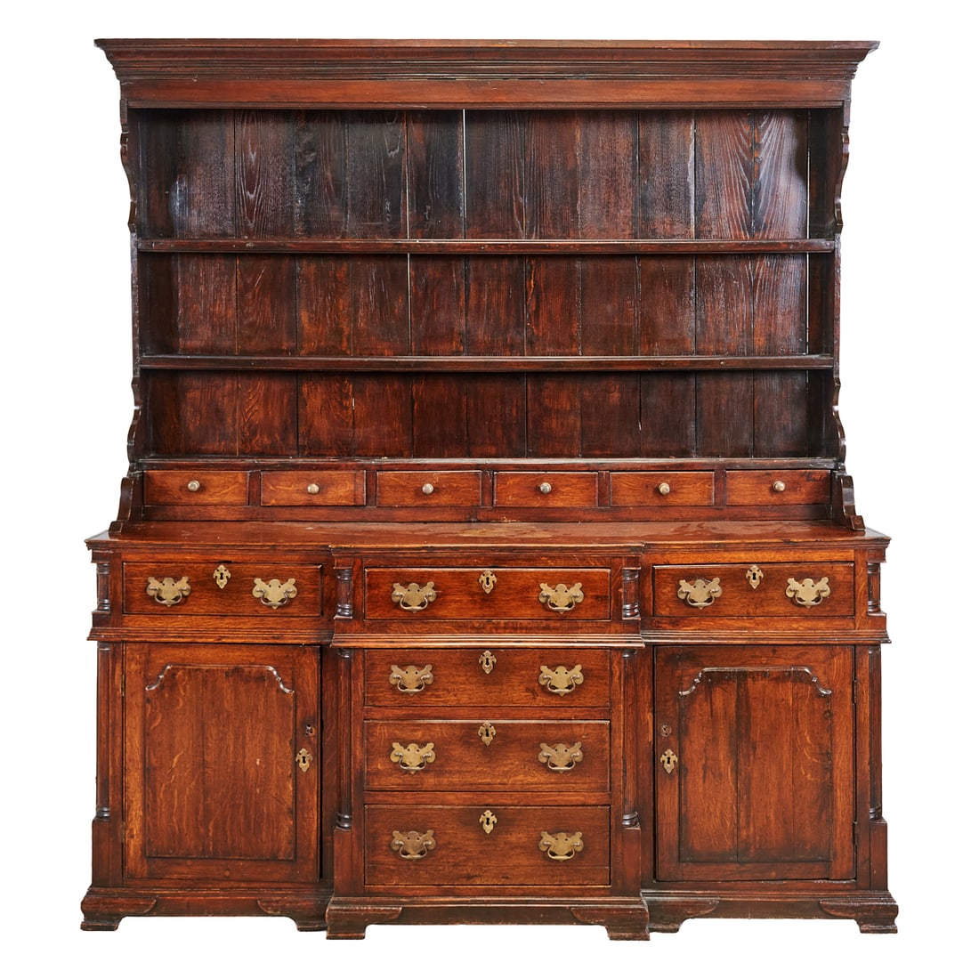 French Provincial Walnut Vaisselier: French Provincial Walnut Vaisselier, the step back flat top, upper china storage area over six shallow, small drawers, over the serving surface, overcast above drawers and cabinet storage areas.