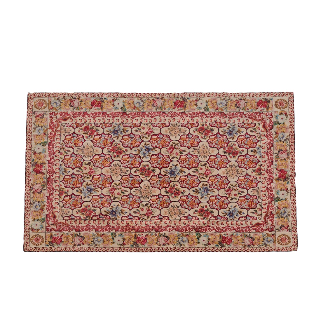 Chinese Victorian Style Needlepoint Carpet with Floral Pattern: Chinese Victorian Style Needlepoint Carpet with Floral Pattern, woven with with many colors of wool, the design of floral sprays in cells, to the main field, and with large flower heads to the border.