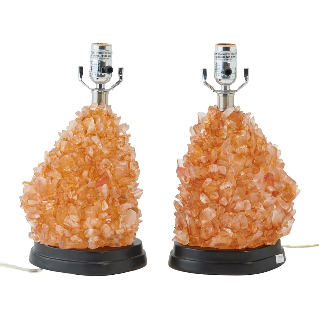 Pair of Citrine Colored Crystal Table Lamps with Shades: Pair of Citrine Colored Crystal Table Lamps with Shades.{Approximate dimensions, the bases: 13 3/4" H. from electric fixture to base, x 8" W. x 5" D.}.