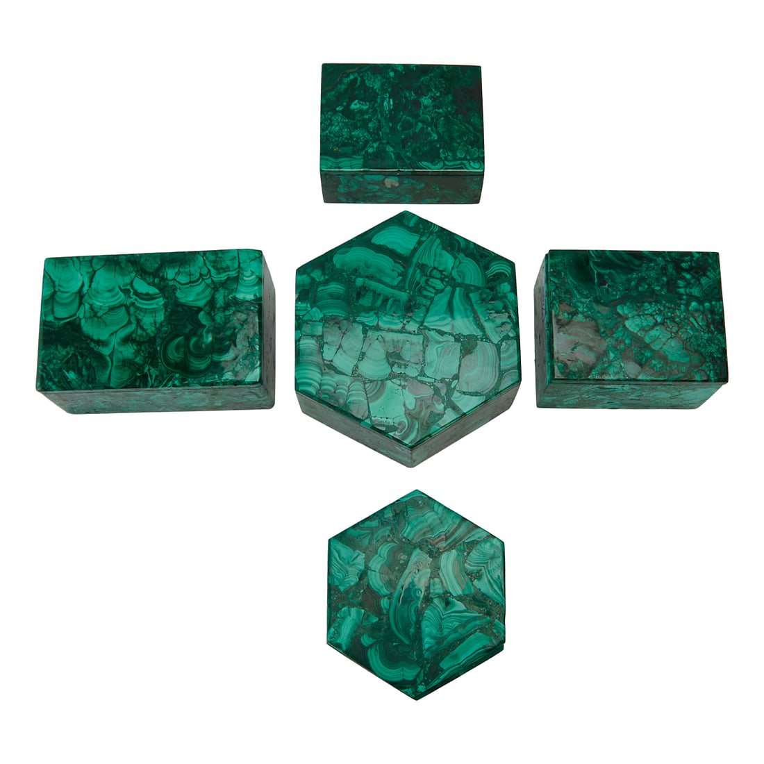 Five Malachite Boxes: Five Malachite Boxes, including three rectangular and two hexagonal boxes with covers.{Approximate dimensions:; Largest rectangular example: 2 3/8" high x 4 3/4" wide x 3" deep, larger hexagonal