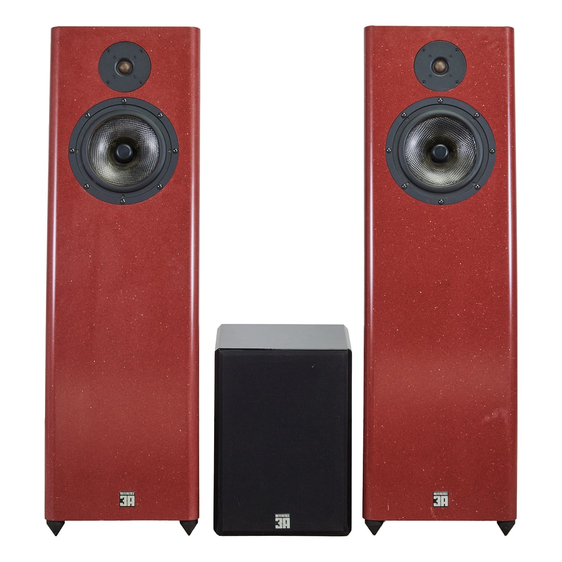 Pair of Reference 3A Speakers and a Subwoofer: Pair of Reference 3A Speakers and a Subwoofer, the two LIntegrale nouveau speakers faced with polished thick, red stone slabs, and a subwoofer. Circa 2000.;{Approximate dimensions: 41" H. x 12 1/2"