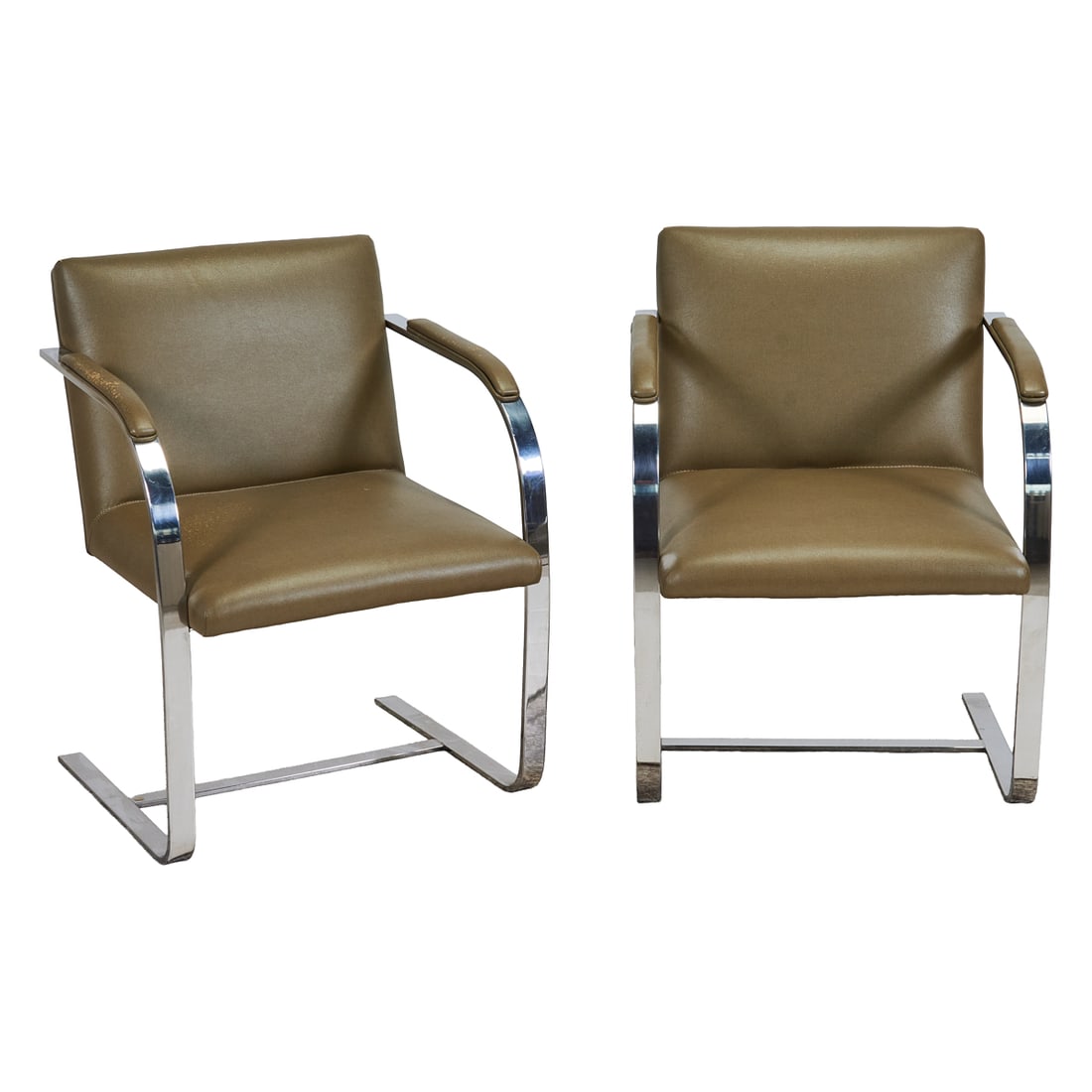 Set of Four Knoll Brno Attributed Flat Bar Armchairs: Set of Four Knoll Brno Attributed Flat Bar Armchairs, the chrome metal bodies upholstered with olive leather to arms, seats and backs.;The Brno designed by Ludwig Mies van der Rohe (Germany, 1886 -