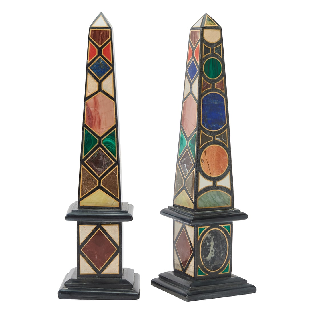 Pair of Italian Grand Tour Style Inlaid Hardstone Obelisks: Pair of Italian Grand Tour Style Inlaid Hardstone Obelisks, of typical form, inlaid with malachite, lapis lazuli, rose quartz, and similar stones in varying colors.;{Approximate dimensions:; 21 1/2"